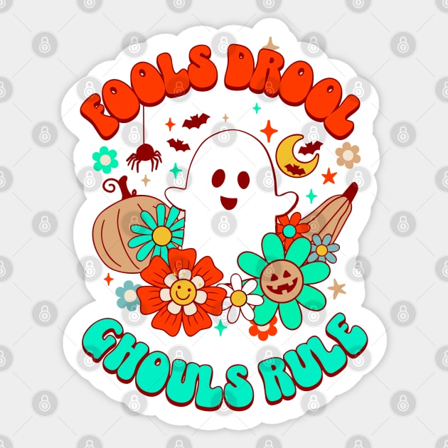 Retro Groovy Ghouls Halloween Ghost Outfit: The Ultimate Costume for Vintage Lovers! Sticker by laverdeden